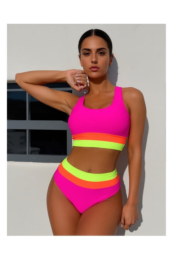 Peach Bikini Set for Women - High Waist Triangle Swimsuit, Spliced Back Detail, Adjustable Belted Two Piece Bathing Suit for Beach, Pool, Vacation - Peach