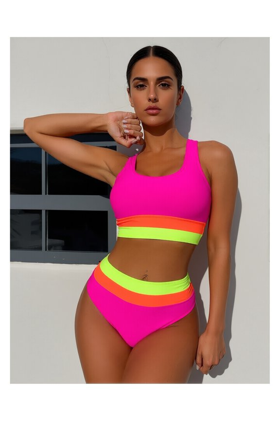 Peach Bikini Swimsuit for Women High Waist - Triangle Bathing Suit with Back Cross Belt - Spliced Swim Trunks for Beach, Pool, Vacation - Ladies Summer Swimwear