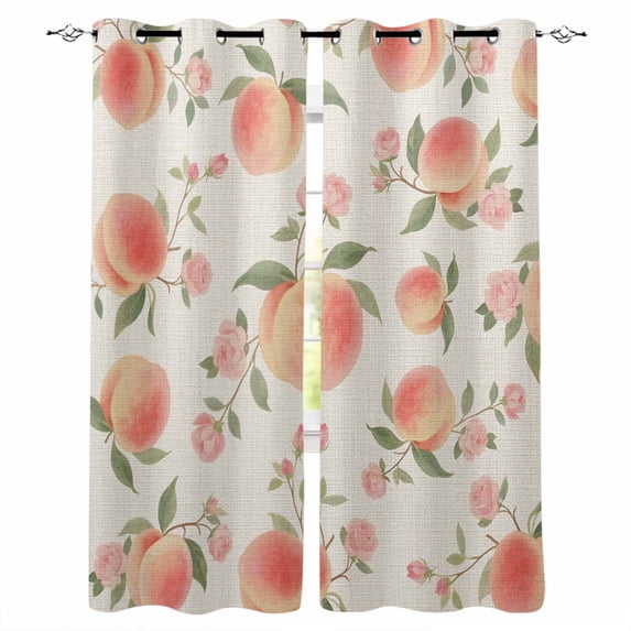 Peach Blackout Curtains for Bedroom/Living Room, Thermal Insulated Kitchen Curtains, Spring Floral Green Leaf Botanical Pink Fruit Rustic Grommet Darkening Window Treatment Drapes 42"x63"x2