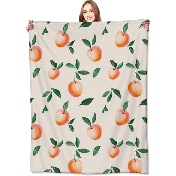 Peach Blanket Fresh and Juicy Fruit Throw Blankets with Green Leaves,Birthday Gifts for Women Girls,Lightweight Soft Fleece,for Sofa Couch Bed Room Summer Romantic Decor 50x60in