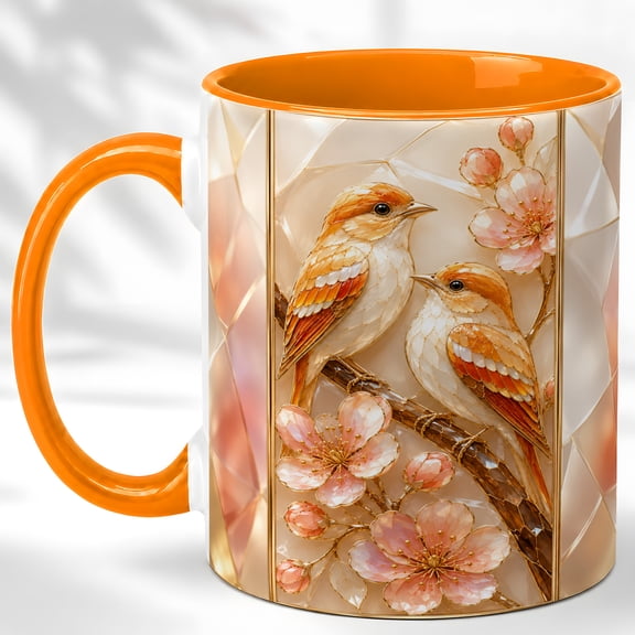 Peach Blossom Bird Coffee Mug, Floral Bird Mug, Ceramic 11 oz