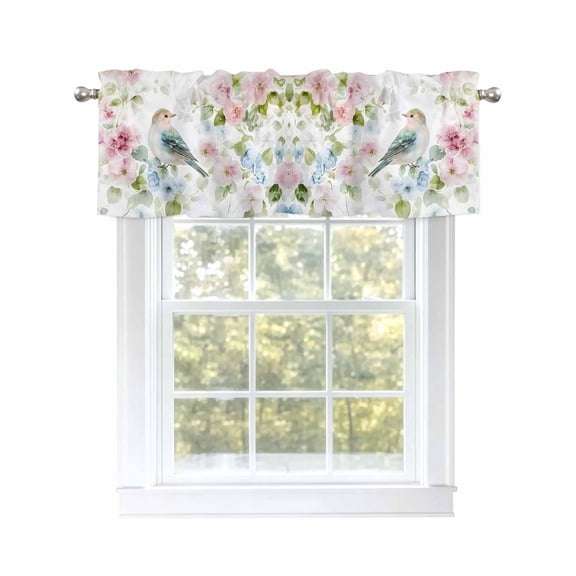 Peach Blossom Bird Valances for Windows, Rod Pocket Kitchen Valance Curtains - Soft & Washable Small Window Treatment for Living Room,&nbsp;Bathroom, Spring Plant , 42x12 Inch, 1 Panel