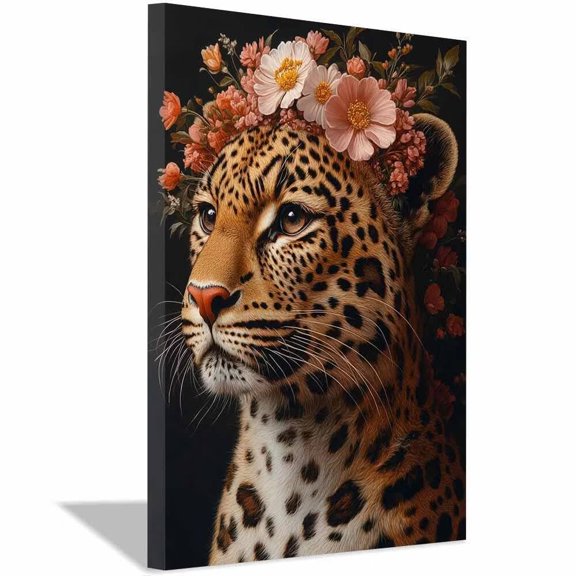 Peach Blossom Crowned Leopard Dark Tone Framed Canvas Wall Print,Soft Gentle Fauna Drawings suit Washroom Workspace Styling Ready to Hang-18"L x 12"W
