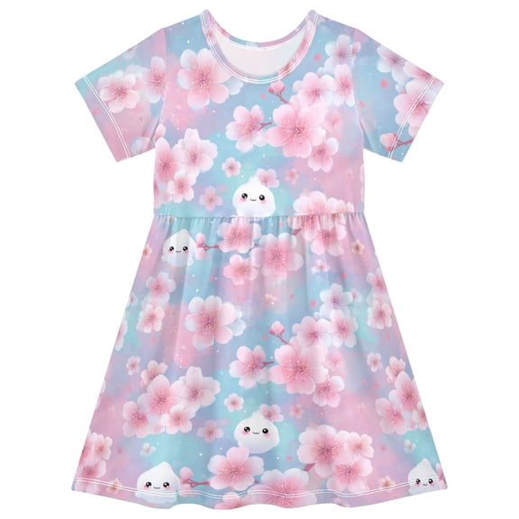 Peach Blossom Dumplings Short Sleeve Dress A-Line Cute Midi Casual Sundress 2-8 Years