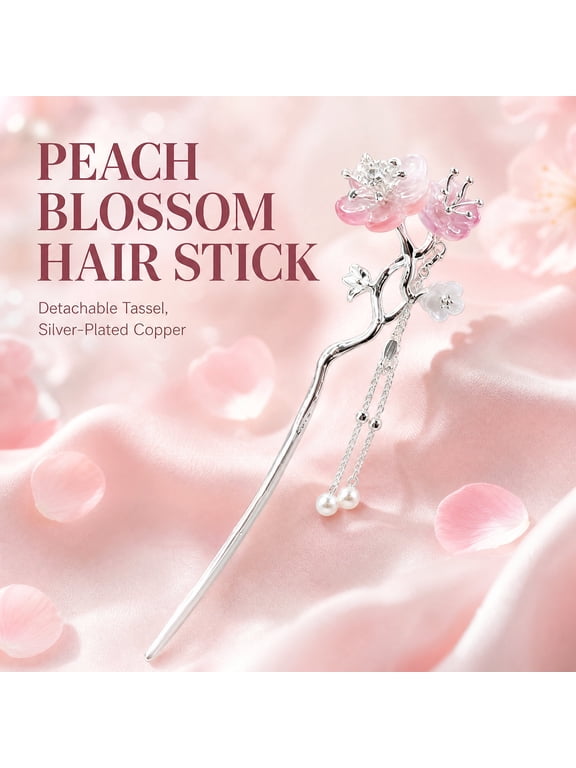 Peach Blossom Hair Stick with Detachable Butterfly Tassel Silver Plated Copper Chinese Hairpin Hanfu Hair Accessories for Women Girls