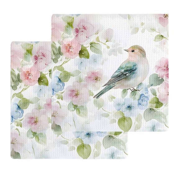 Peach Blossom Kitchen Dish Towels for Drying Dishes Set of 2, Nature Pink Blue Flower Spring Birds Waffle Weave Microfiber Hand Tea Bathroom Towels Quick Dry & Absorbent Towel 12x12