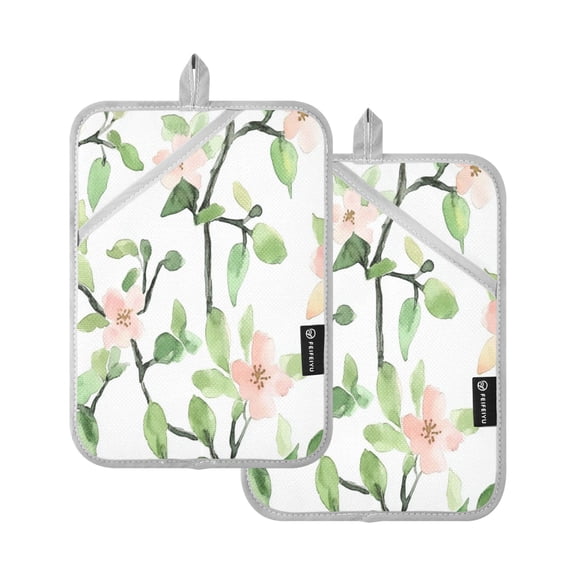 Peach Blossom Pattern 7x9.8in Pot Holder Set Heat-Resistant Oven Hot Pads Durable with Storage Loop