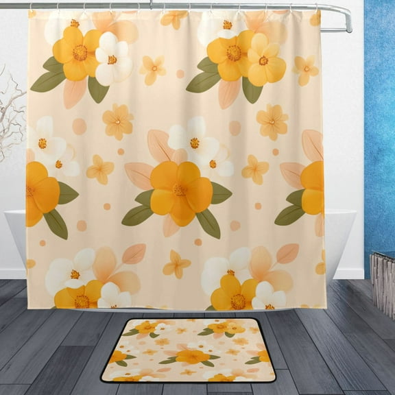 Peach Blossom Pattern Bathroom Accessory Sets Waterproof Shower Curtain with Anti-Slip Bath Mat Durable Combo