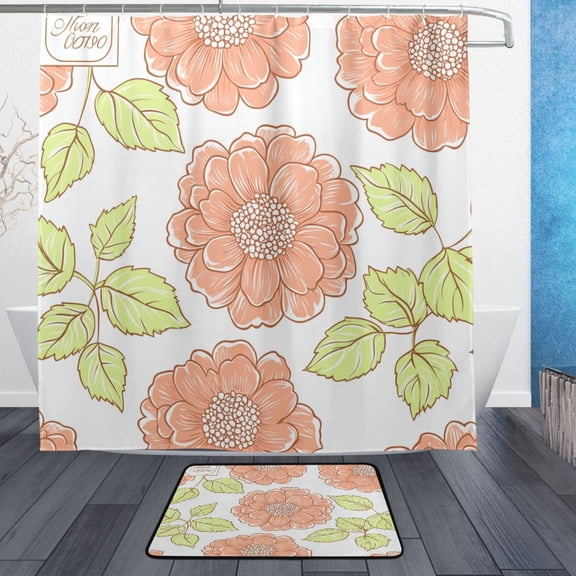 Peach Blossom Pattern Design Bathroom Accessory Sets Waterproof Shower Curtain with Anti-Slip Bath Mat Durable Combo