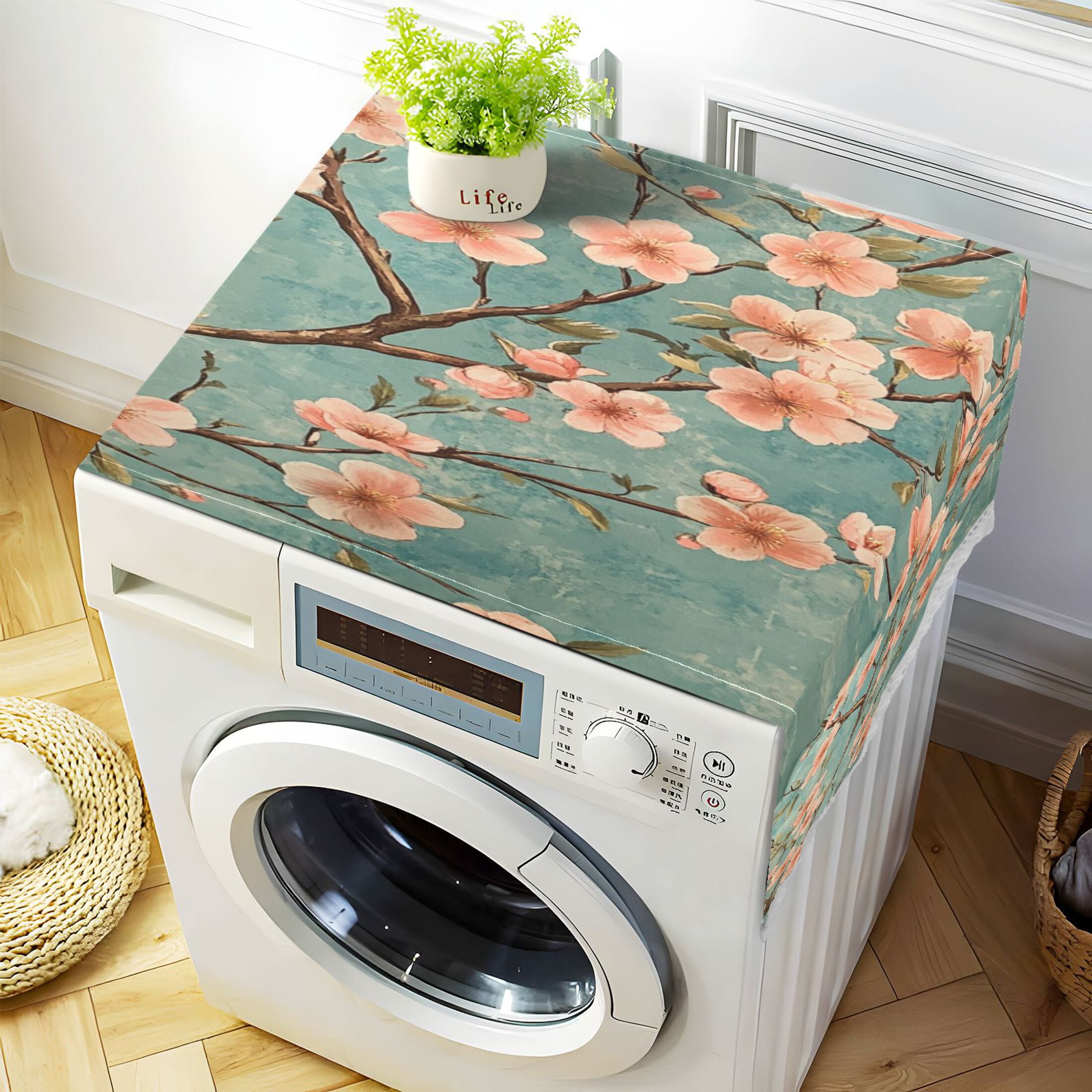 Peach Blossom PatternWasher and Dryer Covers Dust-Proof and Oil Resistant Fridge Cover with 4 Storage Pockets Washing Machine Top Cover for Laundry Kitchen Home 51.2 x 22 In