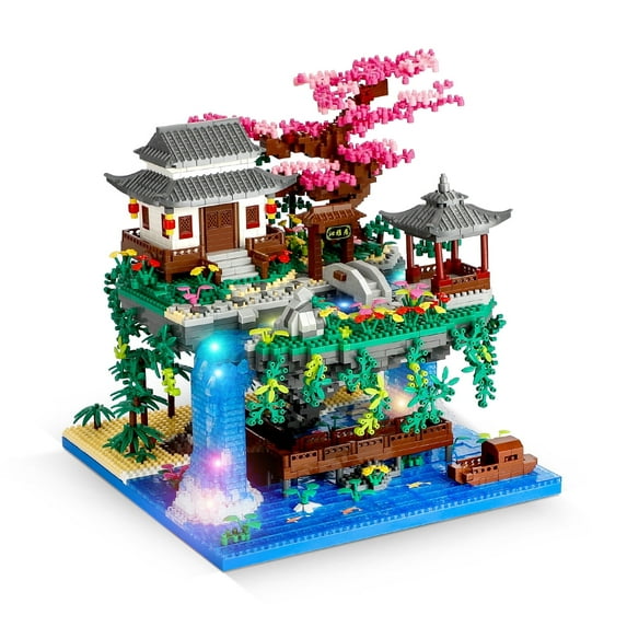 Peach Blossom Pond Micro Mini Building Blocks Set for Adults and Kids, Chinese Architecture Cherry Bonsai Gift Toys with String Lights, Japanese Flowers Tree House Micro Bricks (3320PCS)