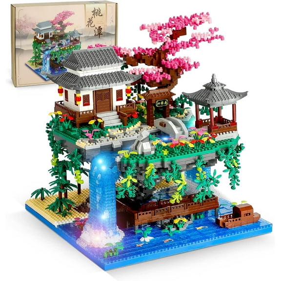 Peach Blossom Pond Micro Mini Building Blocks Set for Adults and Kids, Chinese Architecture Cherry Bonsai Gift Toys with String Lights, Japanese Flowers Tree House Micro Bricks