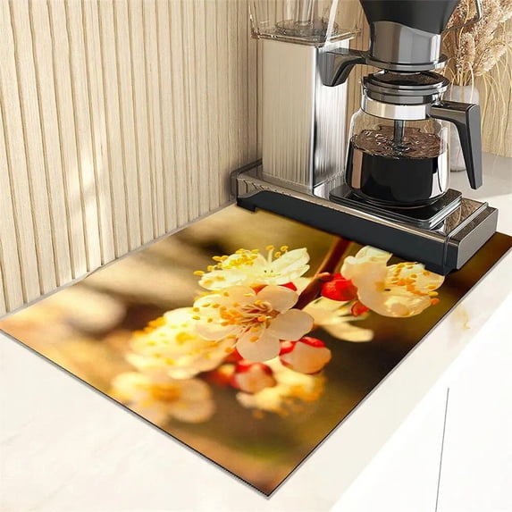 Peach Blossom Print Coffee Machine Drain Mat Cottage Kitchen Countertop Absorbent Mat Dry Non-slip Bar Table Washable Drain Pad