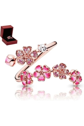 Peach Blossom Ring, Peach Blossom Ring Pink Flower Ring, Cherry Blossom Floral Ring Adjustable Open Band Crystal Fashion Ring for Women