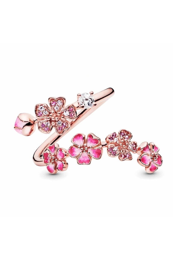 Peach Blossom Ring, Pink Cherry Blossom Rose Gold Plated Rings for Women, Adjustable Peach Floral Jewelry with Crystal & Gemstone, Gifts for Wedding Engagement Anniversary Birthday