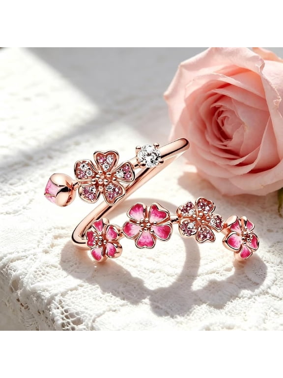 Peach Blossom Ring, Pink Cherry Blossom Rose Gold Plated Rings for Women, Adjustable Peach Floral Jewelry with Crystal & Gemstone, Gifts for Wedding Engagement Anniversary Birthday