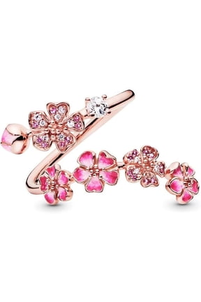 Peach Blossom Ring for Women, Rose Gold Plated Adjustable Floral Open Ring with Sparkling Crystal & Gemstone, Cherry Blossom Jewelry(pink)Q