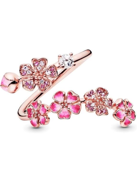Peach Blossom Ring for Women, Rose Gold Plated Adjustable Floral Open Ring with Sparkling Crystal & Gemstone, Cherry Blossom Jewelry(pink)Q