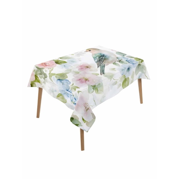 Peach Blossom Table Cloth, Nature Pink Blue Flower Spring Birds Waterproof Tablecloth for Rectangle Tables, Reusable Washable Fabric Table Cover for Restaurant Kitchen Dining Tables 52"x70"