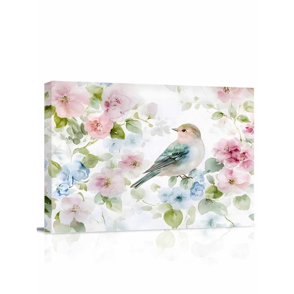 Peach Blossom Wall Art for Living Room,Canvas Picture Wall Decor for Bathroom Bedroom,Nature Pink Blue Flower Spring Birds Painting Artwork for Office Kitchen Hallway Dining Room Home Decor 12"x16"