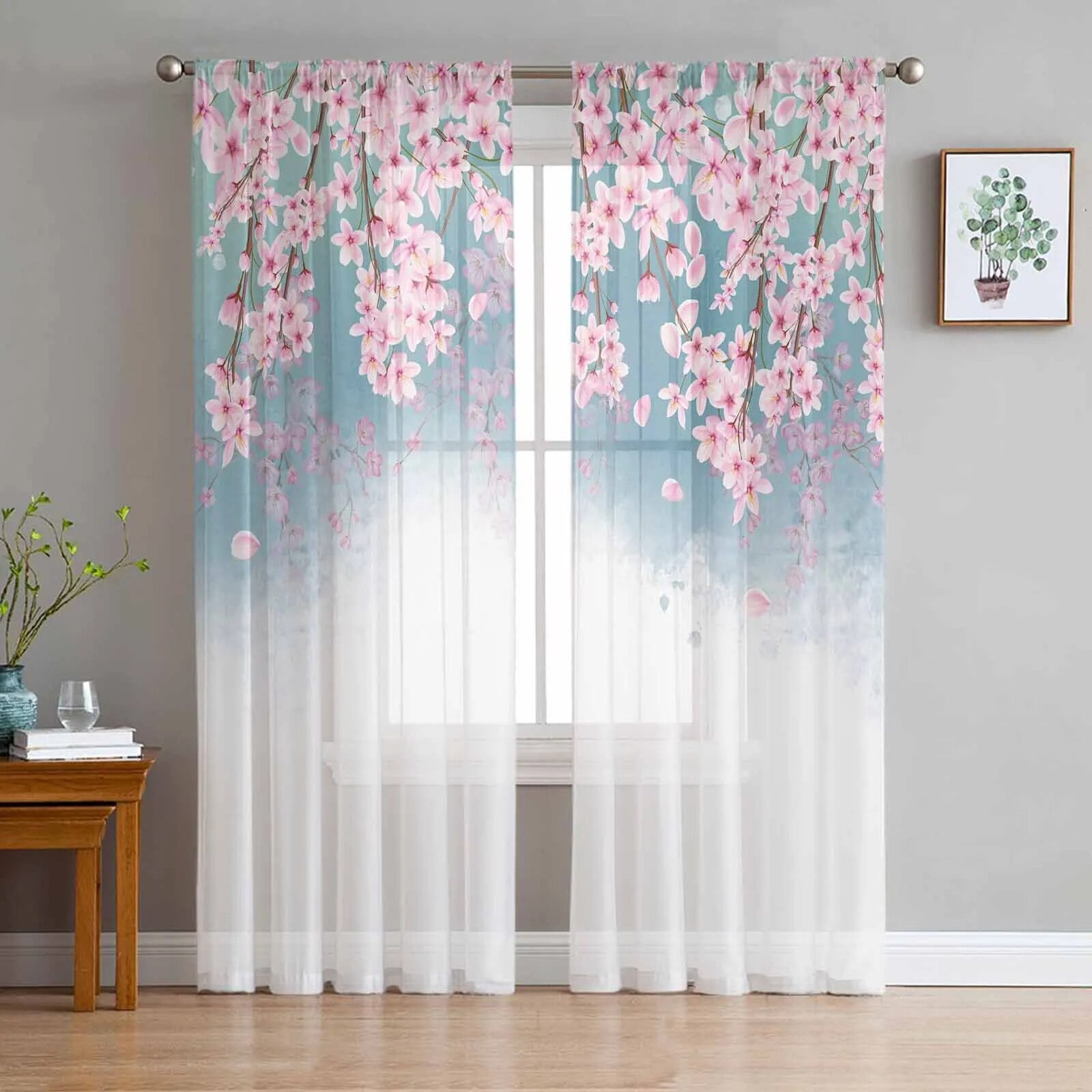 Peach Blossom Watercolor Flower Tulle Curtains For Living Room Bedroom Modern Chiffon Sheer 2266