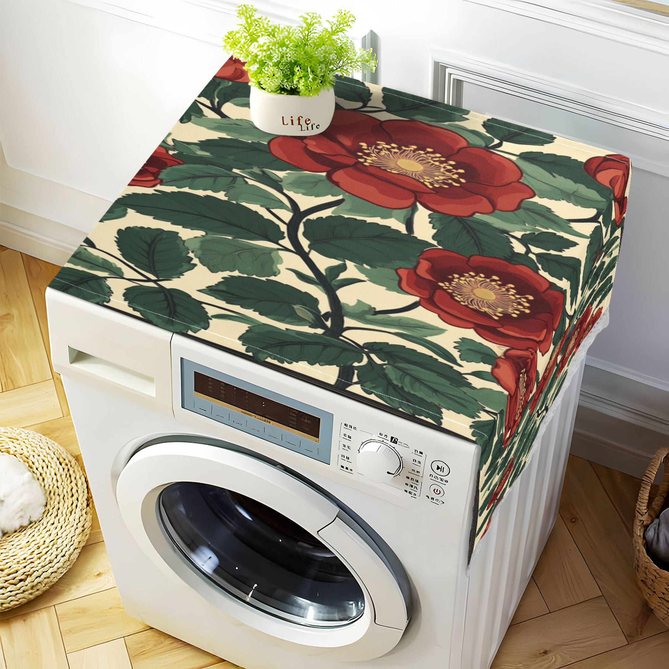 Peach BlossomWasher and Dryer Covers Dust-Proof and Oil Resistant Fridge Cover with 4 Storage Pockets Washing Machine Top Cover for Laundry Kitchen Home 51.2 x 22 In