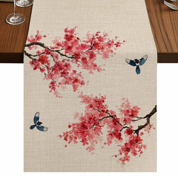 Peach Blossoms Burlap Cotton Table Runner 13x48 Inches Long, Spring Summer Floral Birds Burlap Rustic Farmhouse Table Runners, Outdoor Dining Tablecloths Decor for Baby Shower/Party/Wedding