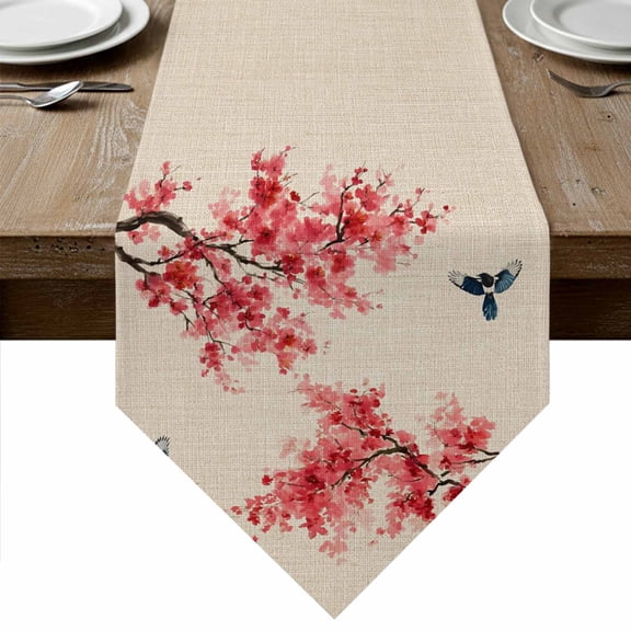 Peach Blossoms Table Runner Linen Burlap Table Runner 36 Inches Small Spring Summer Floral Birds Burlap Rustic Dresser Scarves for Kitchen Island Coffee Dining Room Party Holiday Decor 13"x36"