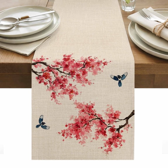 Peach Blossoms Table Runner Spring Summer Floral Birds Burlap Rustic Tablerunners 13 x 48 Inch, Table Decorations Tabletop Scarf for Summer Gathering Holiday Farmhouse Kitchen Dining Decor