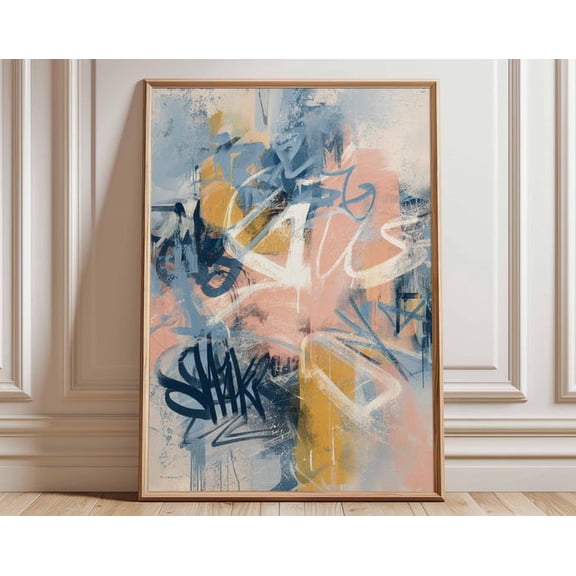 Peach Blue Abstract Graffiti Urban Wall Art Print, Unframed Paper Poster 8x10in