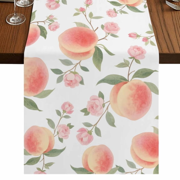 Peach Burlap Cotton Table Runner 13x60 Inches Long, Spring Floral Green Leaf Botanical Pink Fruit Farmhouse Table Runners, Outdoor Dining Tablecloths Decor for Baby Shower/Party/Wedding