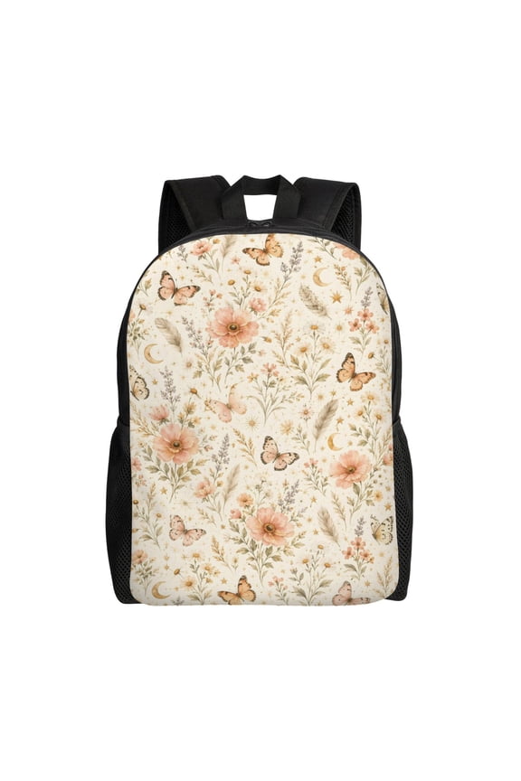 Peach Butterfly Floral Backpack Full Front Print Travel Laptop Bag for Men and Women