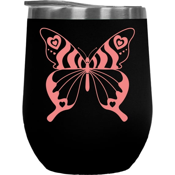 Peach Butterfly with Hearts Merch Gift, Black 12oz Wine Tumbler