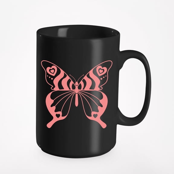 Peach Butterfly with Hearts Merch Gift, Black 15oz Ceramic Mug
