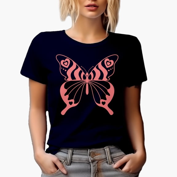 Peach Butterfly with Hearts Merch Gift, Navy Blue T-Shirt, XL