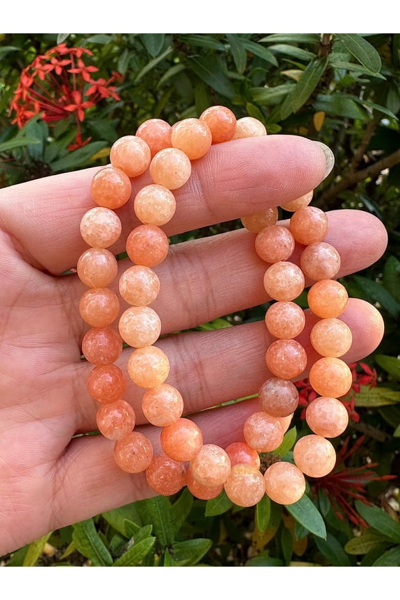 Peach Calcite Crystal Bead Bracelet 8mm, Wholesale Genuine Peach Calcite Stretch Gemstone Bracelet, Gift for Men & Women (1)