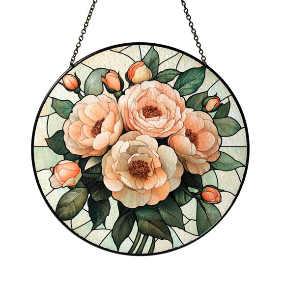 Peach Carnation Blossom Scene Stained Glass Style Window Hanging Suncatcher, Romantic Flower Decor Gift
