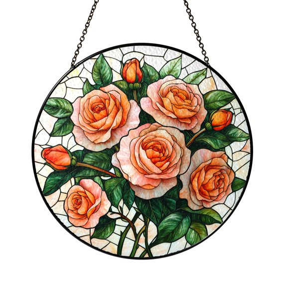 Peach Carnation Stained Glass Style Suncatcher – Floral Window Decor