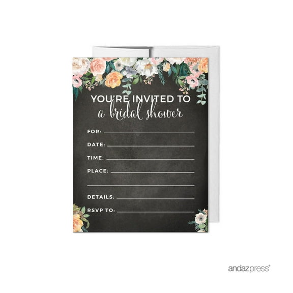 Peach Chalkboard Floral Garden Party Wedding Collection, Blank Bridal Shower Invitations with Envelopes, 20-Pack