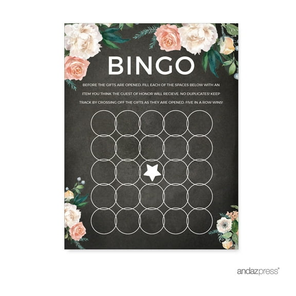 Peach Chalkboard Floral Garden Party Wedding Collection, Bridal Shower Bingo Game Cards, 20-Pack