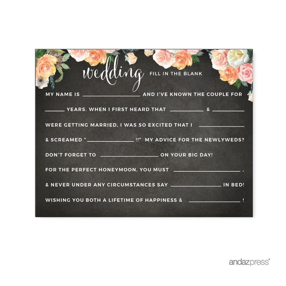 Koyal Wholesale Floral Garden Party Fill in the Blank Game Card Stock, Peach Chalkboard 20 Pack