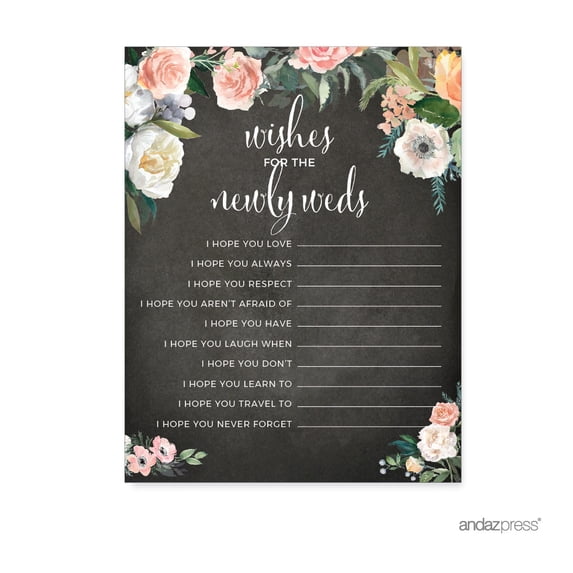 Peach Chalkboard Floral Garden Party Wedding Collection, Wishes for the Newlyweds Advice Cards, 20-Pack