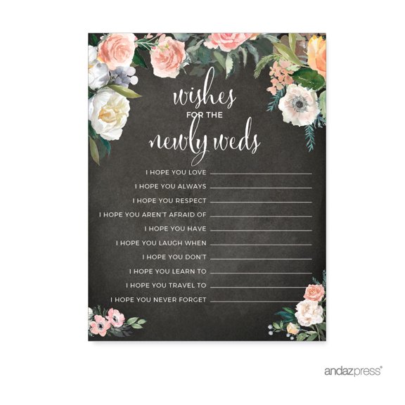 Peach Chalkboard Floral Garden Party Wedding Collection, Wishes for the Newlyweds Advice Cards, 20-Pack