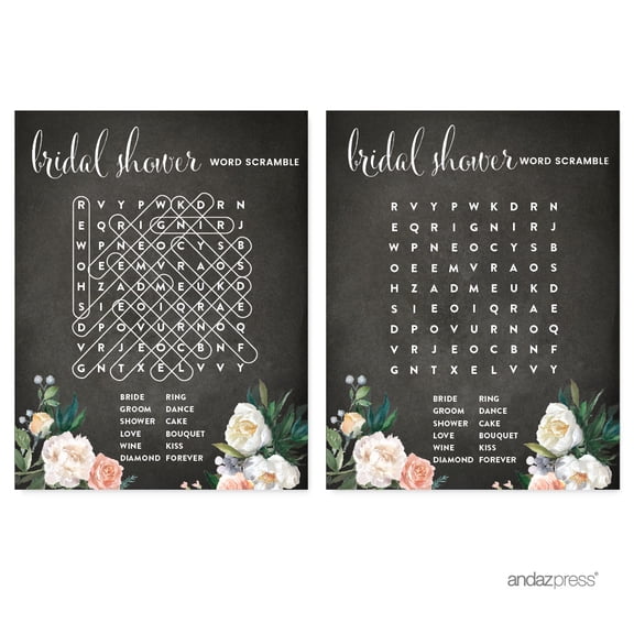 Koyal Wholesale Peach Chalkboard Floral Garden Party Wedding Collection, Word Search Bridal Shower Game Cards, 20-Pack