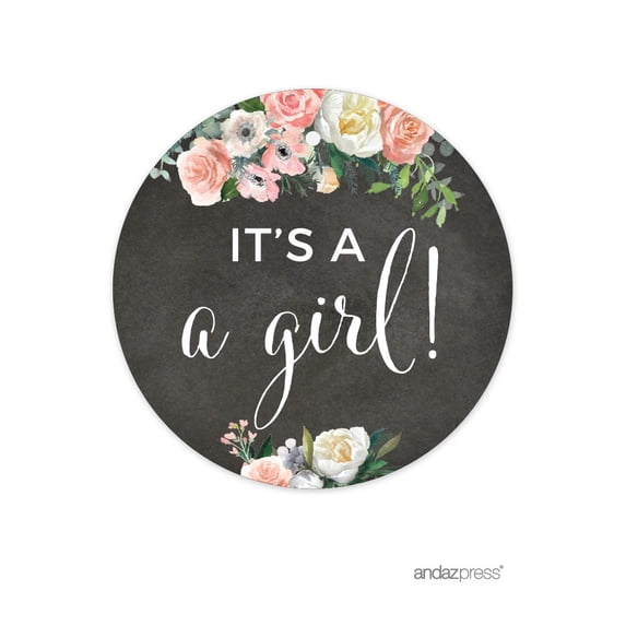 Koyal Wholesale Peach Chalkboard Floral Garden Round Circle Gift Tags It’s a Girl 24-Pack