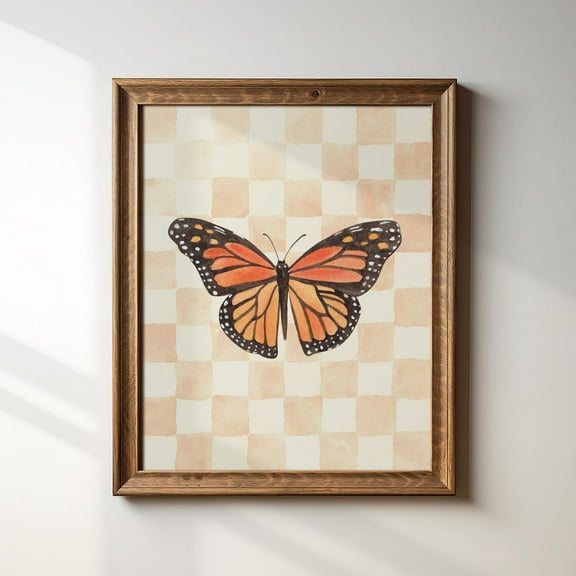 Peach Check Monarch Butterfly, Illustration Print, Trendy Decor, Abstract Vintage Painting, Botanical Wall Art, Modern Wall Decor For Living Room, 8x12 UNFRAMED