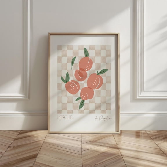 Peach Checkered Poster Retro Kitchen Wall Art Fruit Decor, Unframed Paper Poster 24x36in