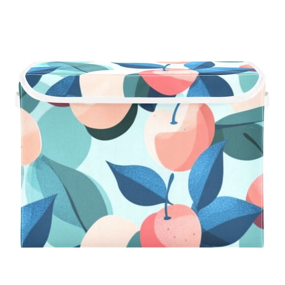 Peach Cherries and Blue Leaves Large Storage Bins with Linen Collapsible Lid Storage Box 16.7 x 12.6 x 11.8in