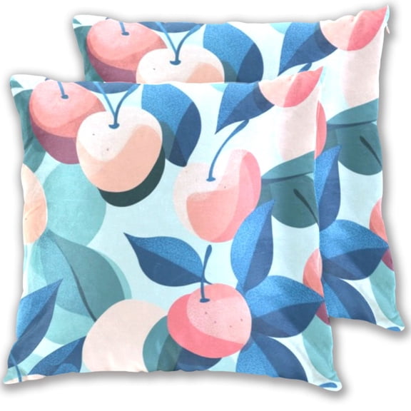Peach Cherries and Blue Leaves Throw Pillow Covers 16x16 Inch 2 Packs Decorative Square for Living Room Couch Bed Sofa