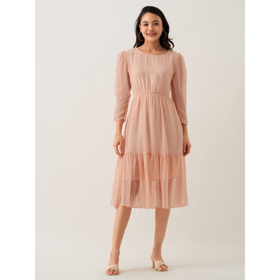 Peach Chiffon Brasso Swiss Dot Round Neck Dress